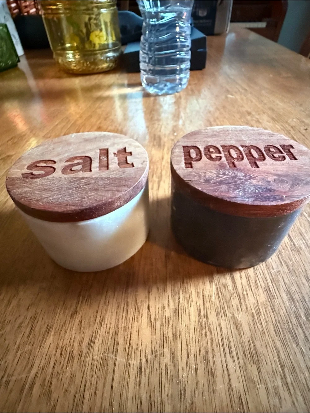Wood Top Salt & Pepper Ceramic Jars - White & Black